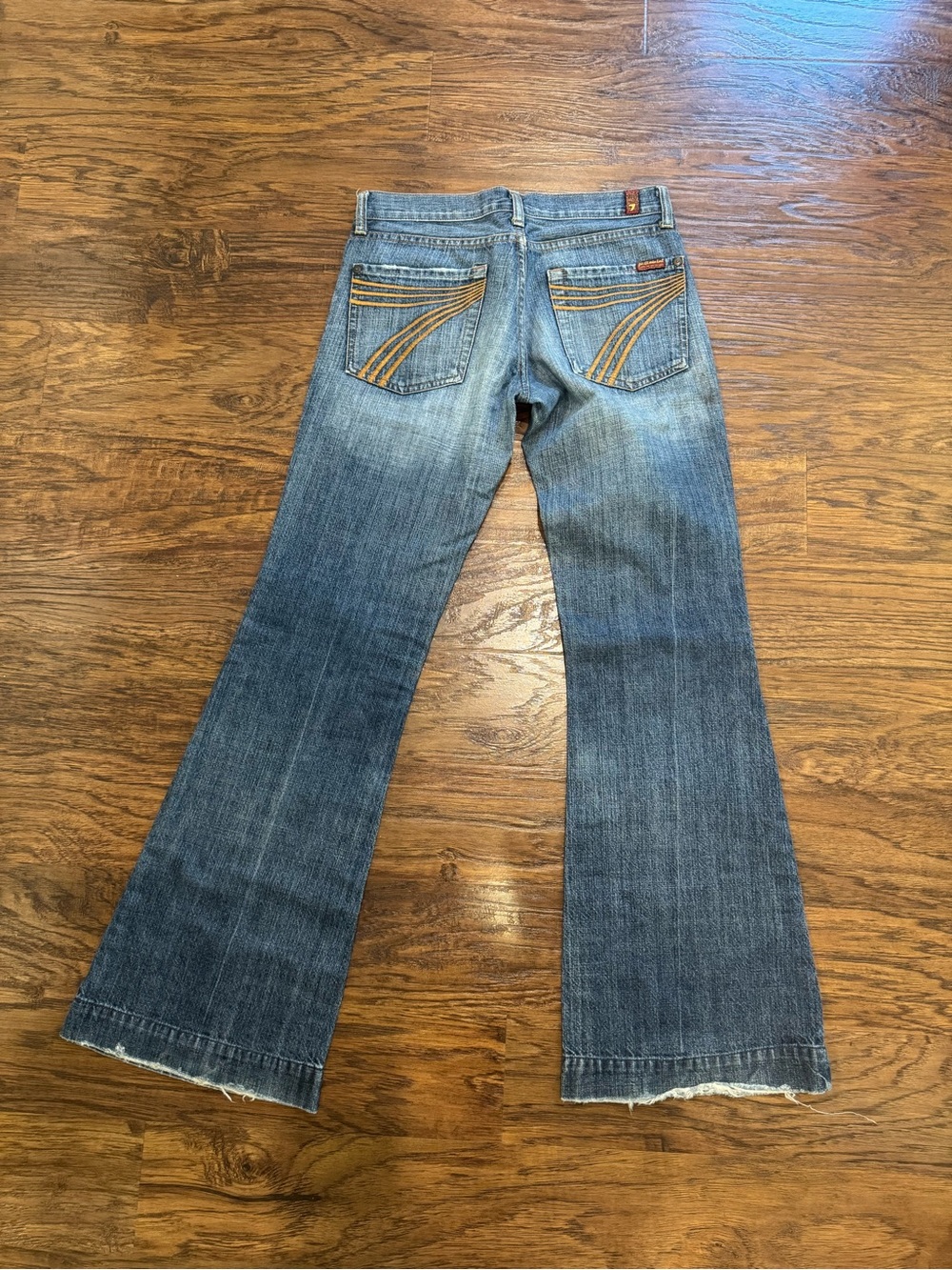 7 For All Mankind Blue Denim Flare Jeans with Gold Stitching